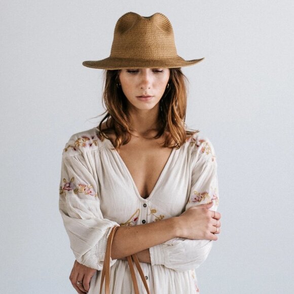 NATURAL Woven Palm Straw Fedora Hat - Picture 1 of 6